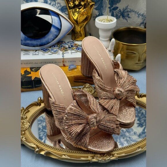 🆕 LOEFFLER RANDALL 🧿 NWOB Penny Metallic Rose Gold Pleated Bow Mule Heel, Sz 7 - Picture 10 of 14
